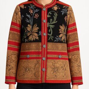 Vintage Sag Harbor Tan Tapestry Button Up Jacket Red Navy Floral Boho 14